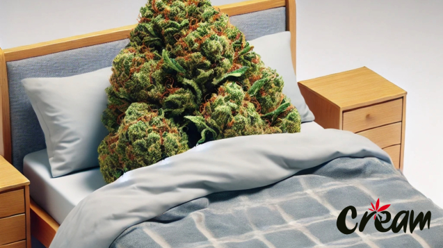 Cannabis nug being tucked into bed, representing the calming effects of cannabis for better sleep.