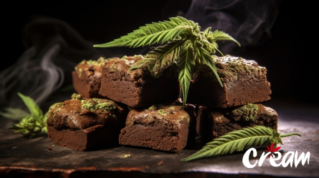 Cannabis brownies infused with cannabis and surrounded by cannabis leaves at CREAM cannabis dispensary in Jersey City.