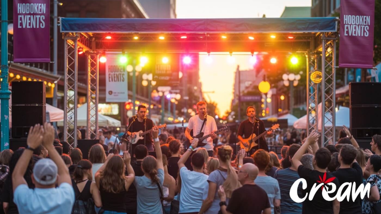 Stage with a band performing at an outdoor event in Hoboken, New Jersey, near CREAM’s cannabis delivery area.