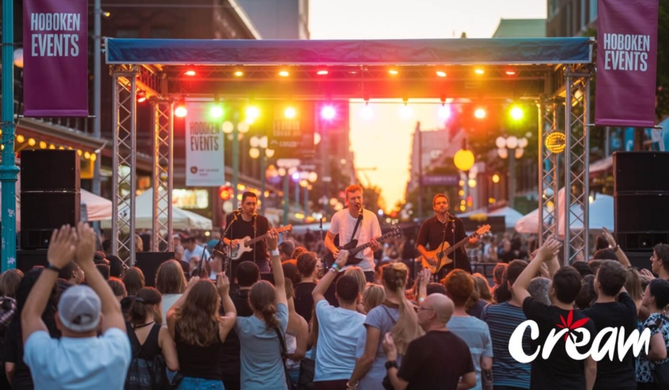 Stage with a band performing at an outdoor event in Hoboken, New Jersey, near CREAM’s cannabis delivery area.