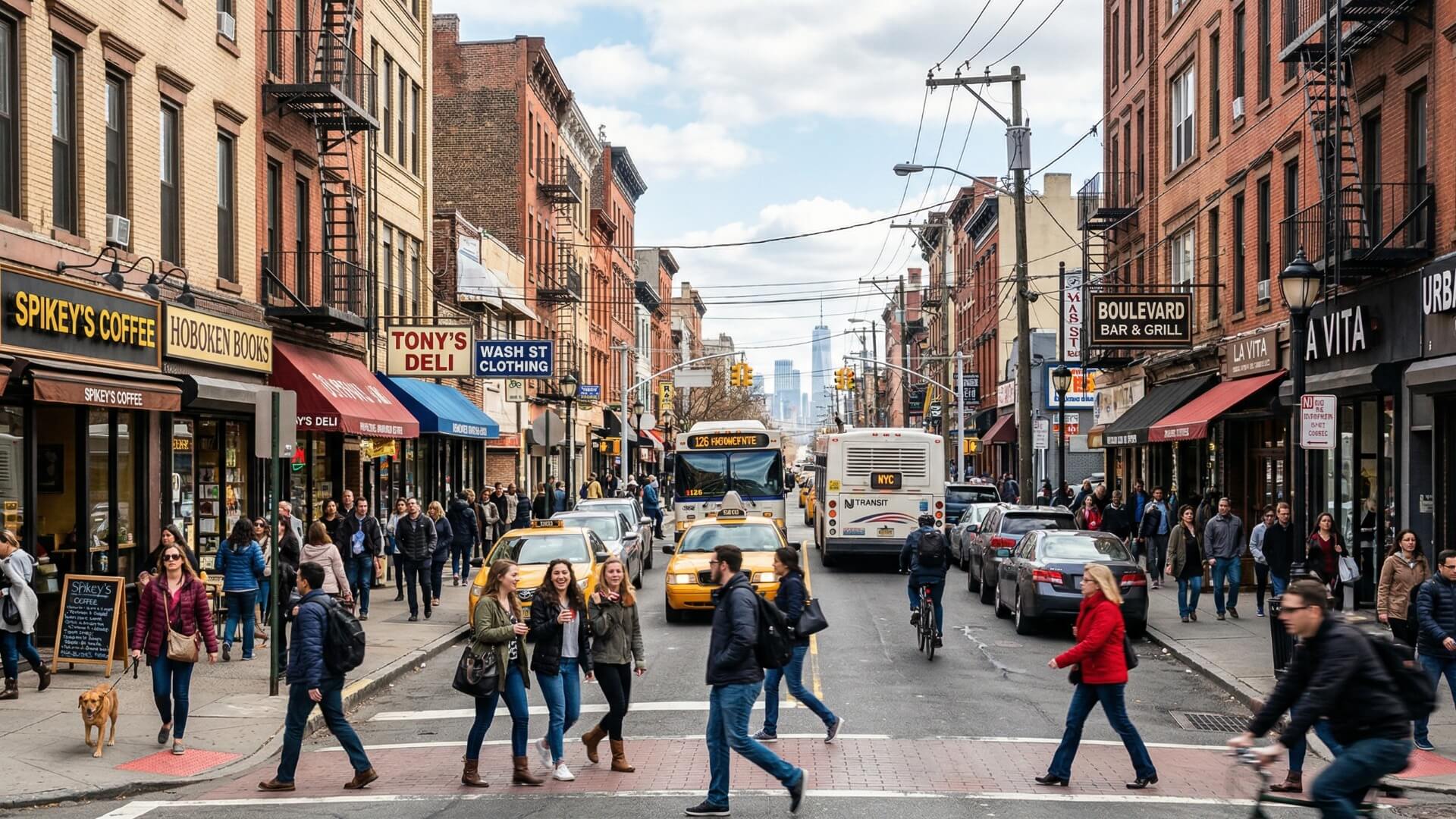 dispensary Hoboken Washington Street busy urban shopping